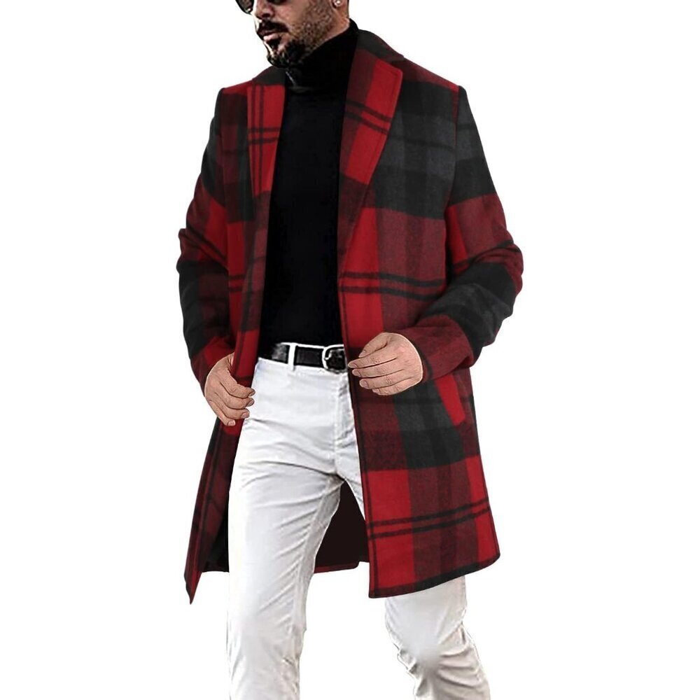 🆕Men's Wine Red Casual Notched Plaid Single Breasted Wool Blend Formal Trench